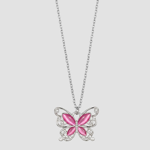 ANE1007 Butterfly Pendant Necklace in Silver/Pink