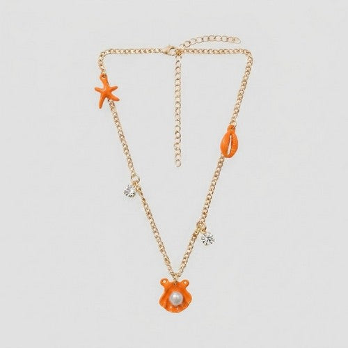 ANE1139 Sea Life Pearl Charm Necklace in Gold/Orange