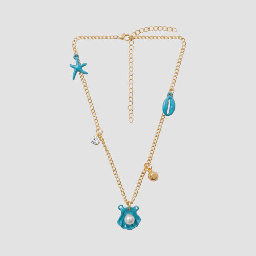 ANE1139 Sea Life Pearl Charm Necklace in Gold/Turquoise