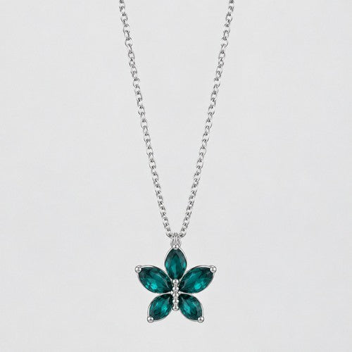 ANE1137 Enamel Flower Pendant Necklace in Silver/Green