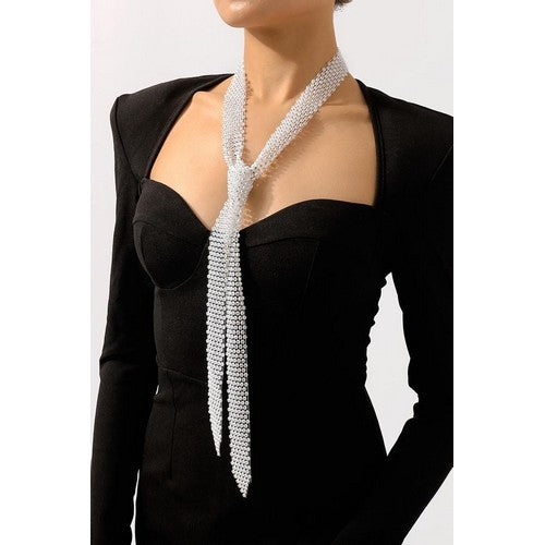 N11031 Long Rhinestone Scarf Tie Necklace