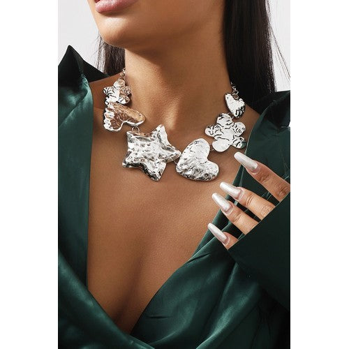 Hammered Star Heart Necklace in Silver