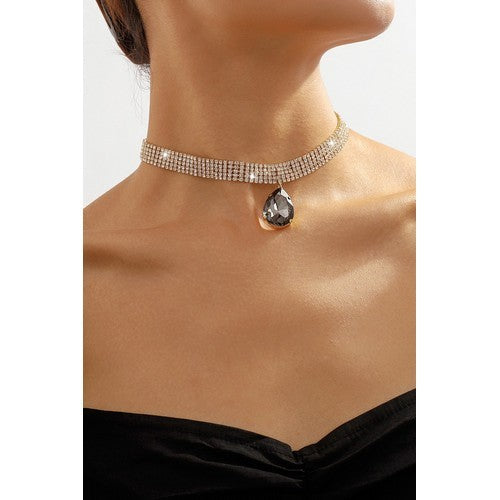 Water Drop Gem Rhinestone Necklace in Black
