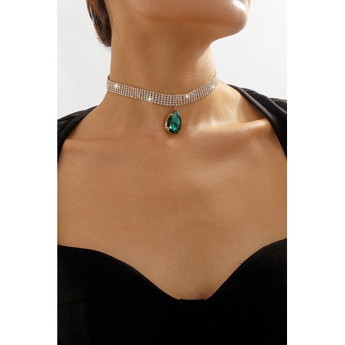 Water Drop Gem Rhinestone Necklace in Green
