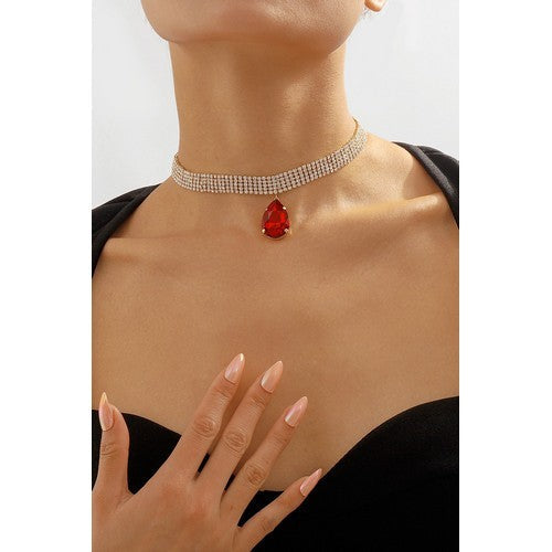Water Drop Gem Rhinestone Necklace in Red