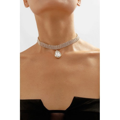 Water Drop Gem Rhinestone Necklace in White
