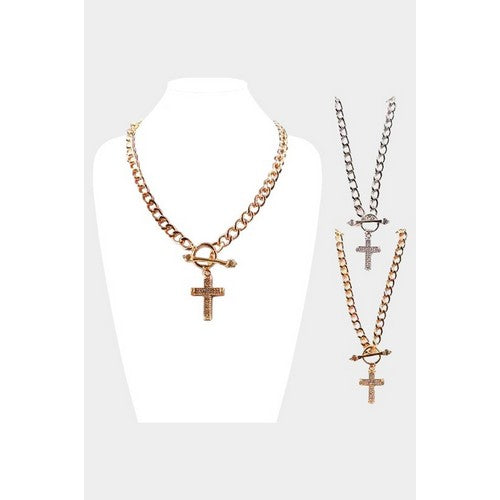 Rhinestone Cross Chain Cuban Necklace in Gold