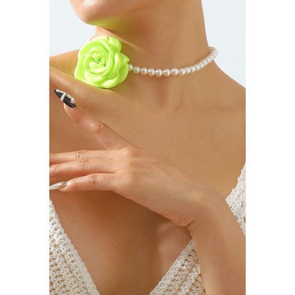 Romantic Satin Flower Pearl Choker Necklace in Neon Green