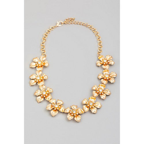 Rhinestone & Pearl Flower Necklace in Gold