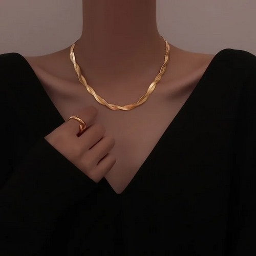 Stainless Steel Double Strand Herringbone Necklace in 18K Gold Plate