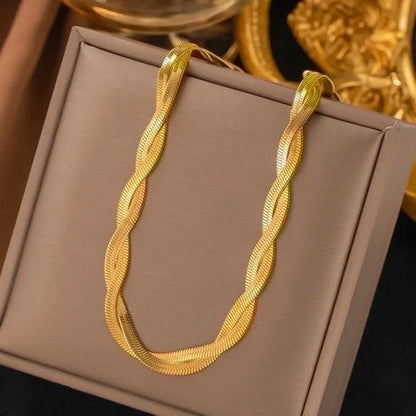 Stainless Steel Double Strand Herringbone Necklace in 18K Gold Plate