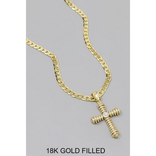 18K Gold Filled CZ Cross Curb Chain Necklace