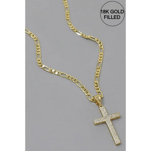 18K Gold Filled CZ Cross Figaro Chain Necklace