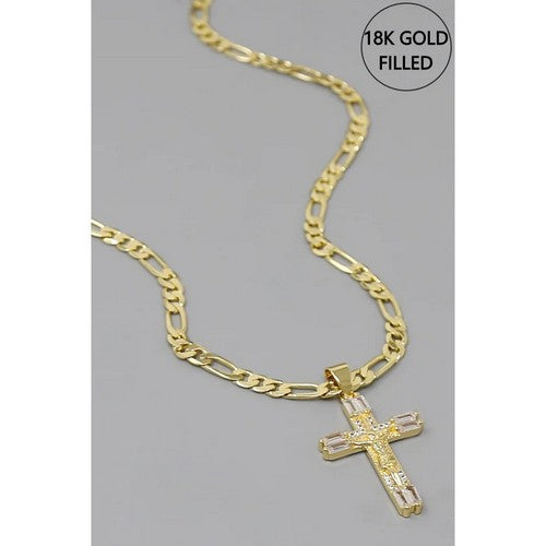 18k Gold Filled CZ Baguette Crucifix Cross Figaro Necklace