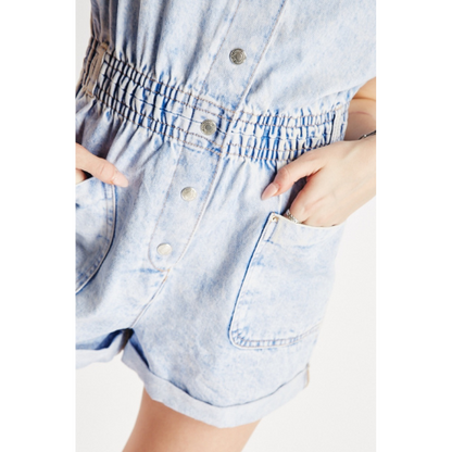 Amisu Stonewash Elastic Waist Romper Acid Denim