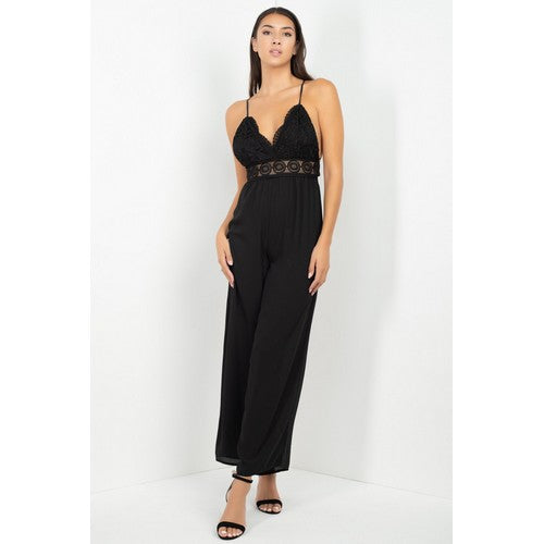 BP05381 Crochet Lace Crisscross Jumpsuit Black