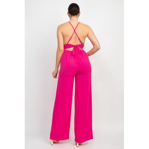 Crochet Lace Crisscross Jumpsuit Fuchsia