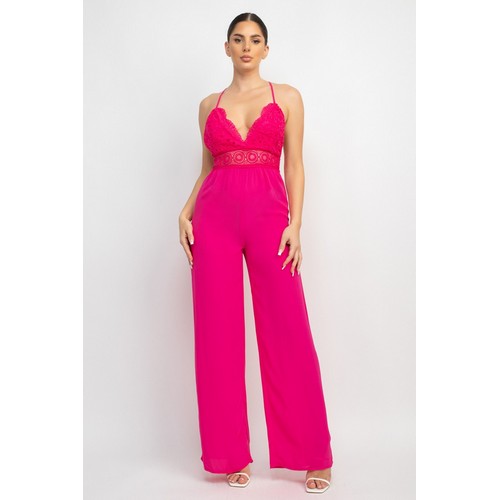 BP05381 Crochet Lace Crisscross Jumpsuit Fuchsia