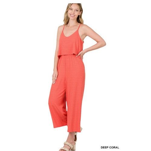 RP-8021AB Ribbed Layered Jumpsuit Deep Coral