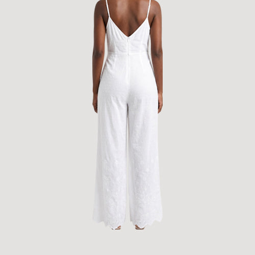 Swiss Dot Crochet Detail Lightweight Cotton Jumpsuit in White