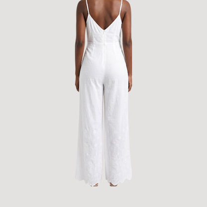 Swiss Dot Crochet Detail Lightweight Cotton Jumpsuit in White