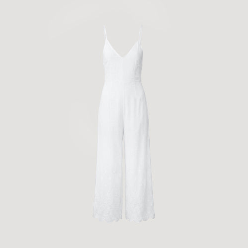 Swiss Dot Crochet Detail Lightweight Cotton Jumpsuit in White