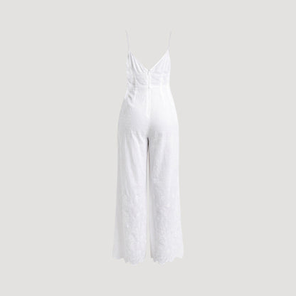 Swiss Dot Crochet Detail Lightweight Cotton Jumpsuit in White