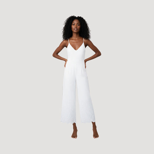 Swiss Dot Crochet Detail Lightweight Cotton Jumpsuit in White