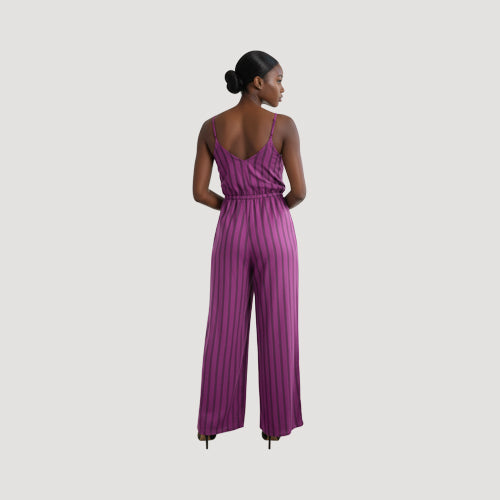 Cut-Out Tie Front Jumpsuit in Purple & Black Stripe