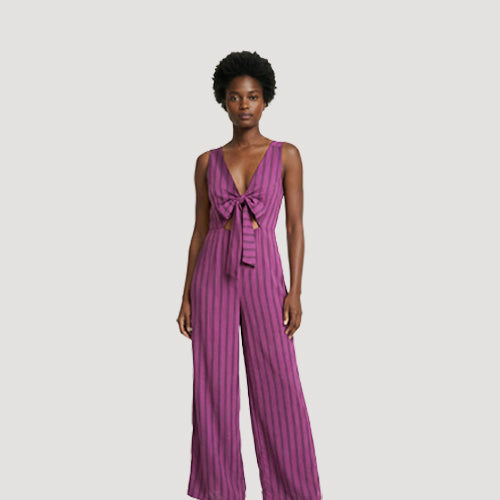 Cut-Out Tie Front Jumpsuit in Purple & Black Stripe
