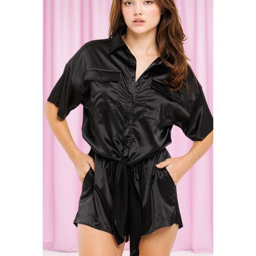 PGI5256-1 Satin Button-Thru Belted Romper in Black