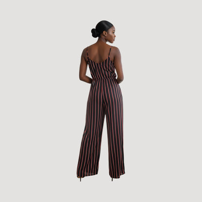 Wrap Front Cami Jumpsuit in Black & Red Stripe