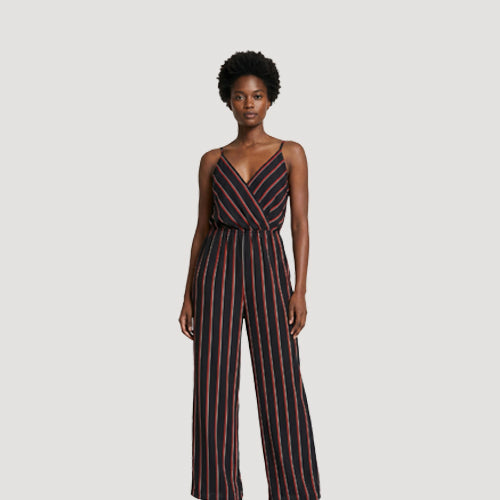 Wrap Front Cami Jumpsuit in Black & Red Stripe