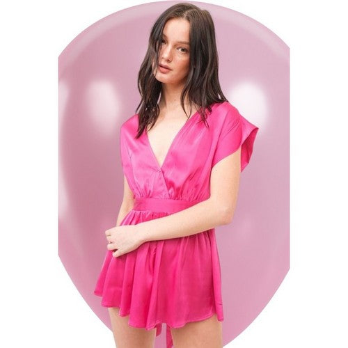 PI9919-1 Double V Satin Belted Romper in Fuchsia