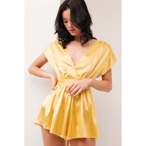 PI9919-1 Double V Satin Belted Romper in Yellow