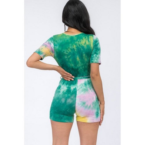 Deep V Belted Tie Dye Romper in Green/Yellow