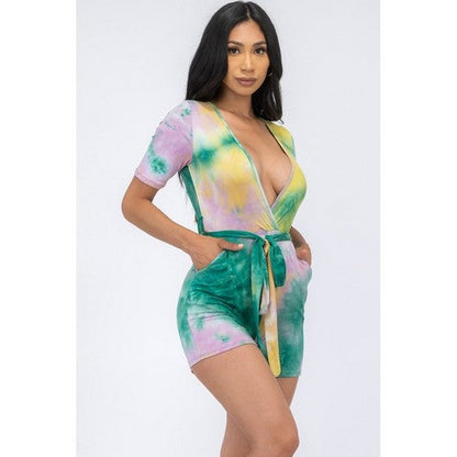 Deep V Belted Tie Dye Romper in Green/Yellow