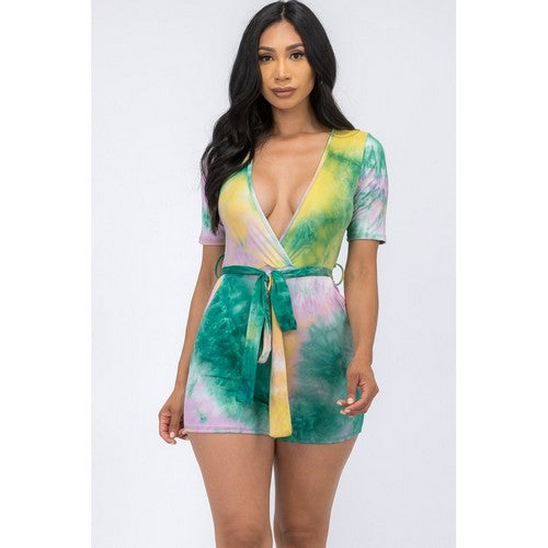 HH529R-TD Deep V Belted Tie Dye Romper in Green/Yellow