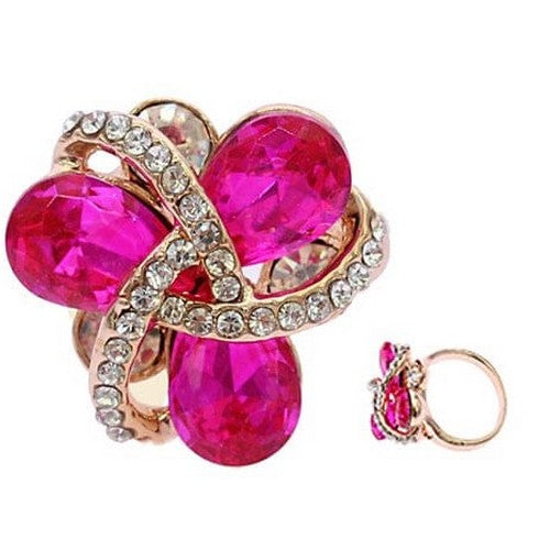 RRN-0510R6 Gold Flower Rhinestone Ring in Pink