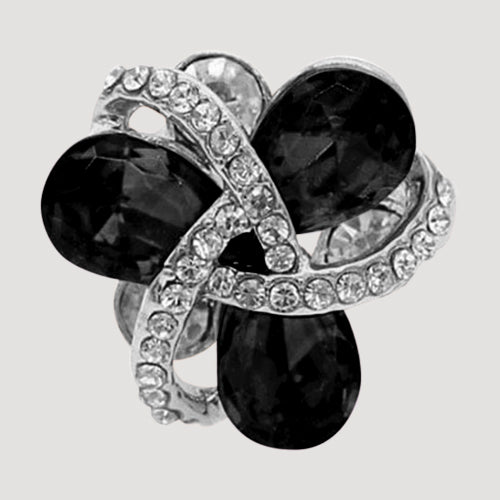 RRN-0510R6 Silver Flower Rhinestone Ring in Black