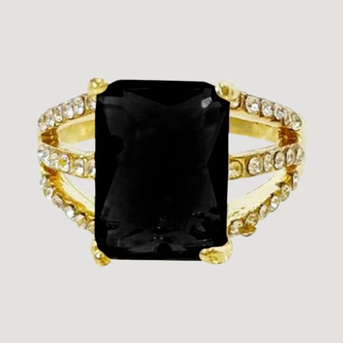 IRI-887BT Triple Band Rhinestone Gem Gold Solitaire Ring in Black