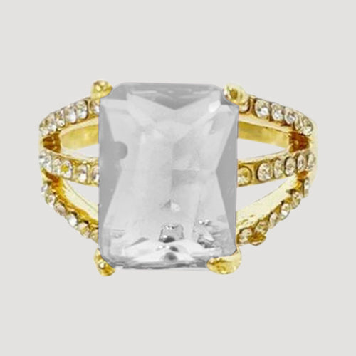 IRI-887BT Triple Band Rhinestone Gem Gold Solitaire Ring in Clear