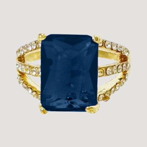 IRI-887BT Triple Band Rhinestone Gem Gold Solitaire Ring in Navy