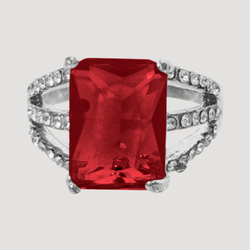 IRI-887BT Triple Band Rhinestone Gem Silver Solitaire Ring in Red