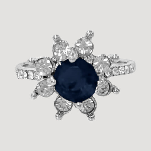 IRI-897BT Flower Halo Silver Solitaire Ring in Navy