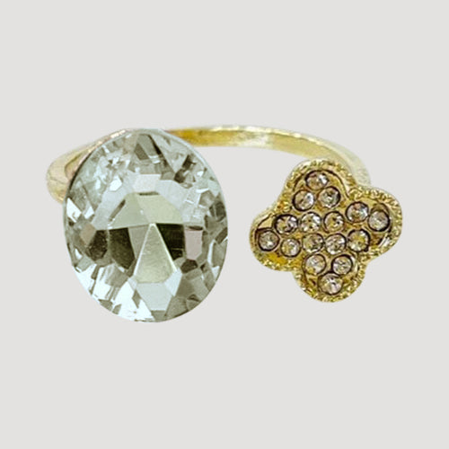 IRI-983 Quatrefoil & Gem Open Gold Ring in Clear Crystal