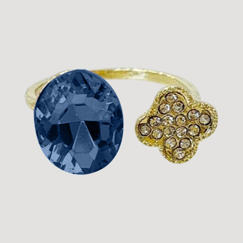 IRI-983 Quatrefoil & Gem Open Gold Ring in Navy