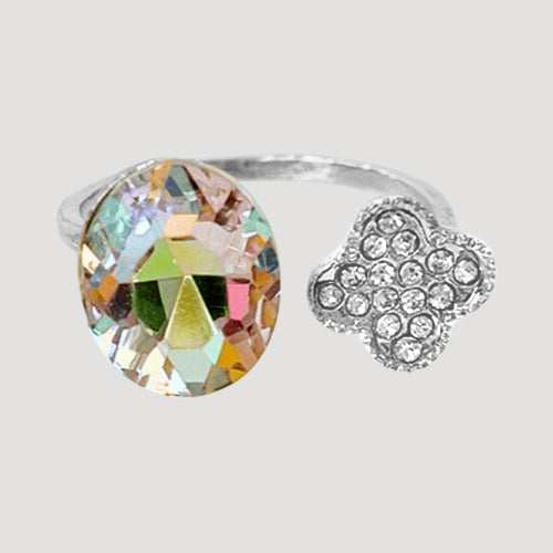 IRI-983 Quatrefoil & Gem Open Silver Ring in AB Crystal