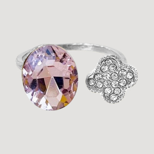 IRI-983 Quatrefoil & Gem Open Silver Ring in Pink