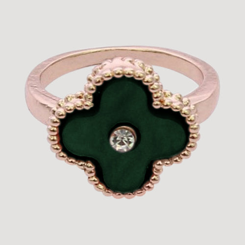 RRN-0598R Enamel & Rhinestone Quatrefoil Rose Gold Ring in Green